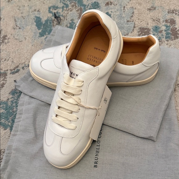 Brunelli Cucinelli Men's Cream-White Leather Sneakers